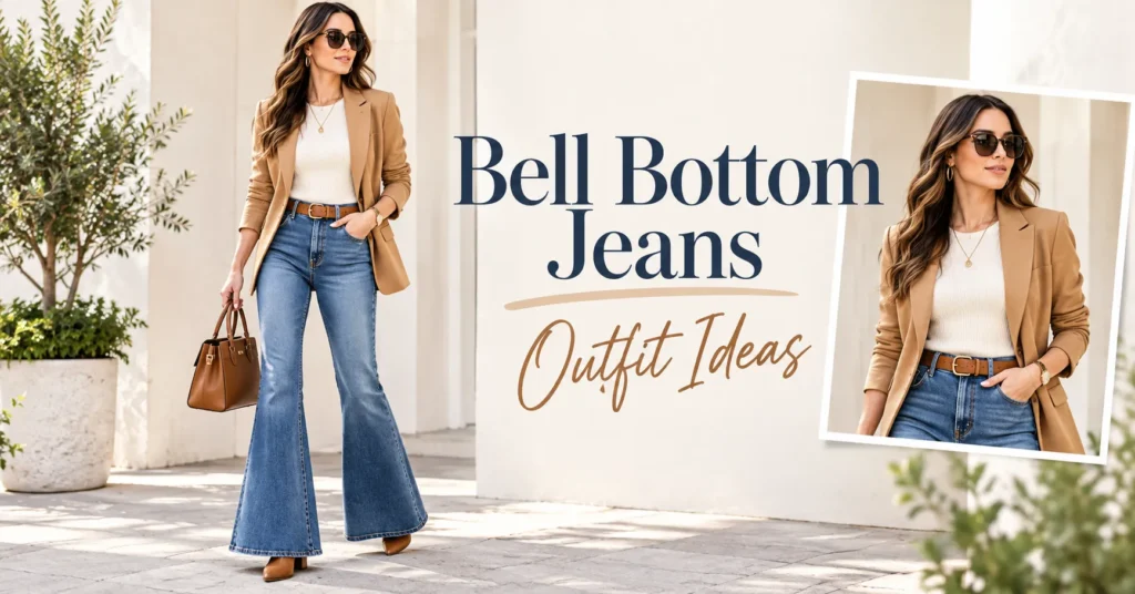 12 Bell Bottom Jeans Outfit Ideas for a Chic and Modern Look 5 Bell Bottom Jeans Outfit Ideas with a camel blazer and ivory knit top