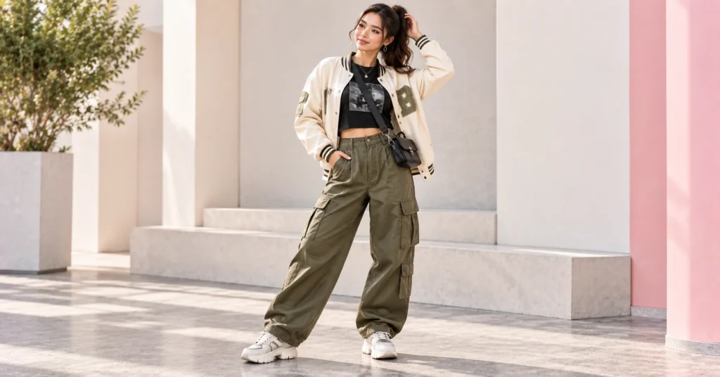 Blackpink Concert Outfit Ideas featuring oversized olive cargo pants, a fitted black tee, cream varsity jacket, and chunky sneakers.