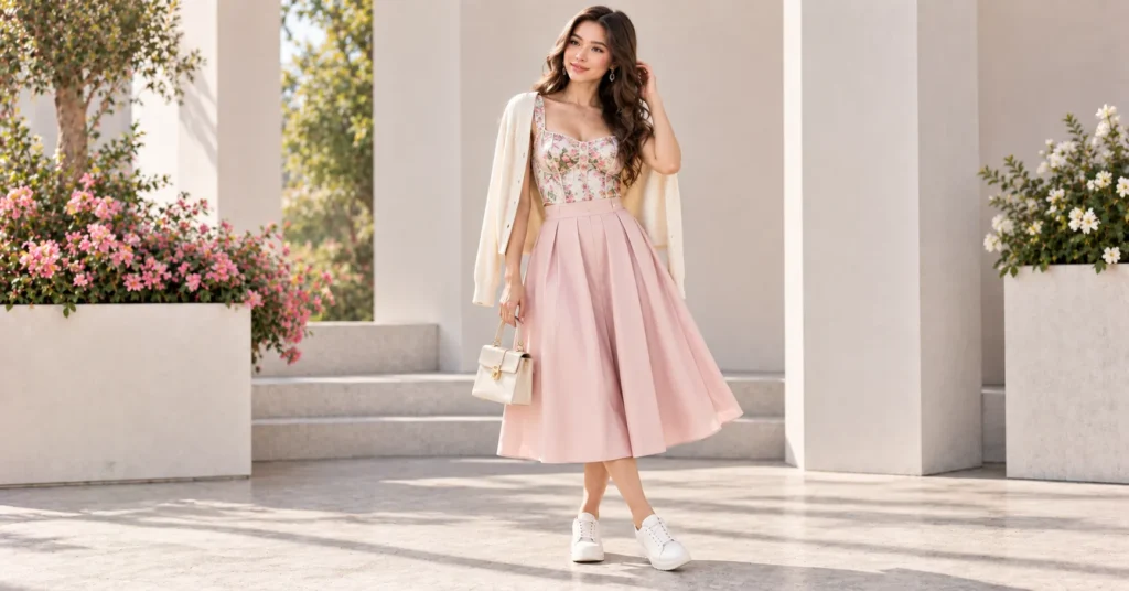Blackpink Concert Outfit Ideas featuring a floral structured top, pastel A-line skirt, cream cardigan, white sneakers, and elegant handbag.