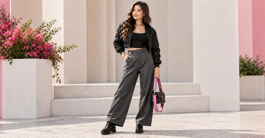 Blackpink Concert Outfit Ideas featuring an edgy all-black outfit with wide-leg trousers, cropped bomber, combat boots, and pink accents.