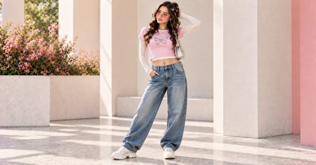 Blackpink Concert Outfit Ideas featuring a Y2K-inspired baby tee, baggy jeans, mesh layering, butterfly clips, sunglasses, and chunky sneakers.