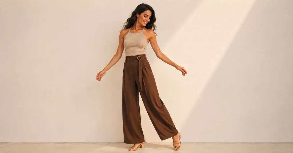 Dance-friendly Romeo Santos Concert Outfit Ideas featuring breathable wide-leg trousers, a fitted top and comfortable block heels.