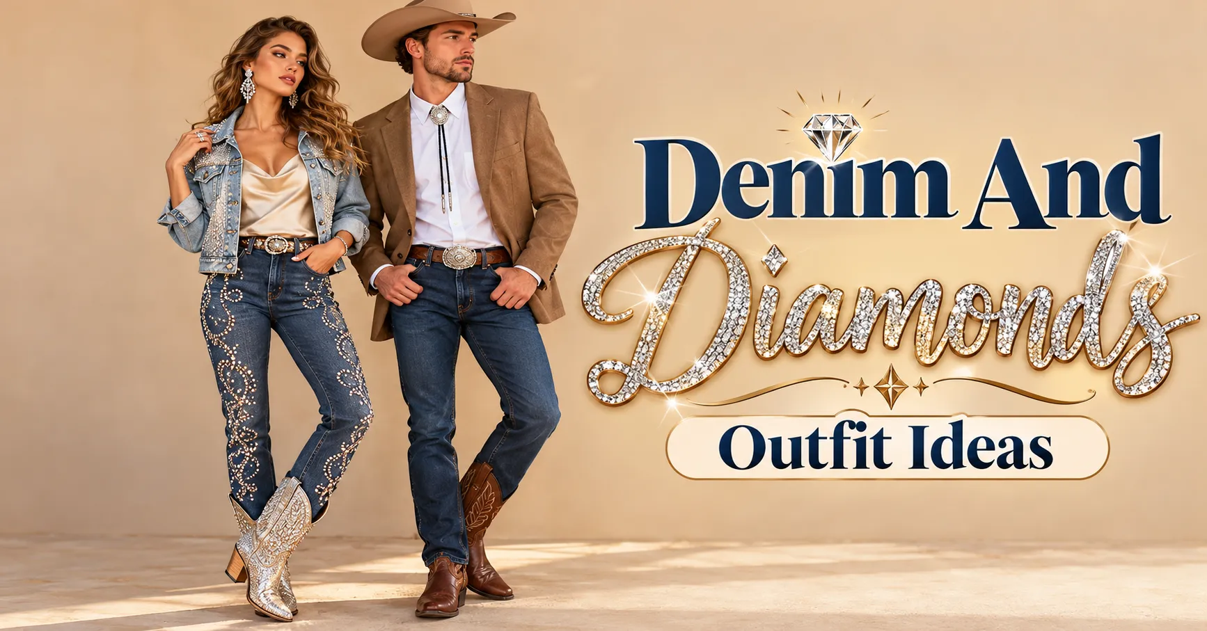 Home 11 Denim and Diamonds Outfit Ideas featuring rhinestone jeans, a champagne silk top, western boots, and elegant crystal accessories.