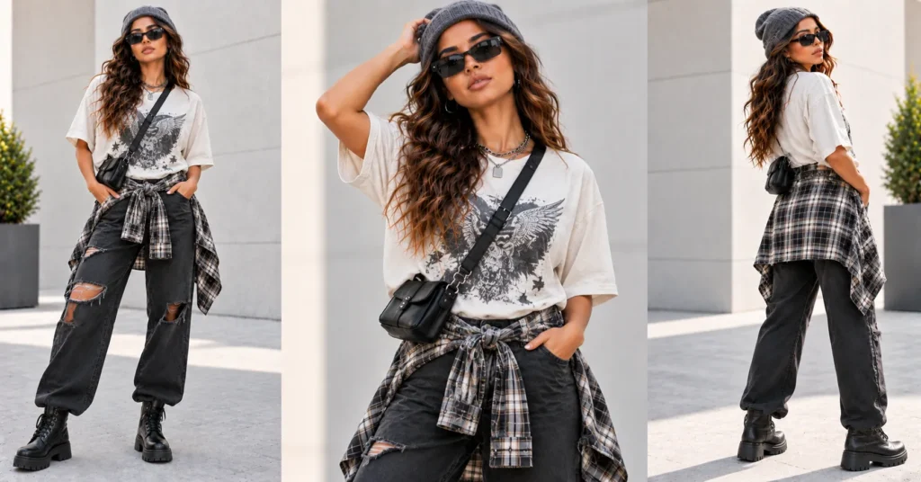 12 Best Don Toliver Concert Outfit Ideas for Women That Look Epic 13 Don Toliver Concert Outfit Ideas featuring a graphic tee, plaid flannel, ripped black jeans, combat boots, and beanie.