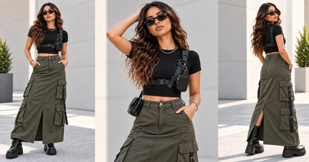 12 Best Don Toliver Concert Outfit Ideas for Women That Look Epic 14 Don Toliver Concert Outfit Ideas featuring a fitted top, cargo maxi skirt, platform boots, and utility-inspired accessories.