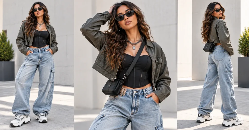 12 Best Don Toliver Concert Outfit Ideas for Women That Look Epic 6 Don Toliver Concert Outfit Ideas featuring a structured black top, oversized baggy jeans, utility jacket, and chunky sneakers.
