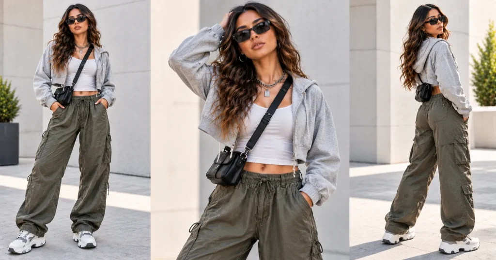 12 Best Don Toliver Concert Outfit Ideas for Women That Look Epic 8 Don Toliver Concert Outfit Ideas featuring a cropped zip hoodie, fitted tank, parachute pants, chunky sneakers, and crossbody bag.