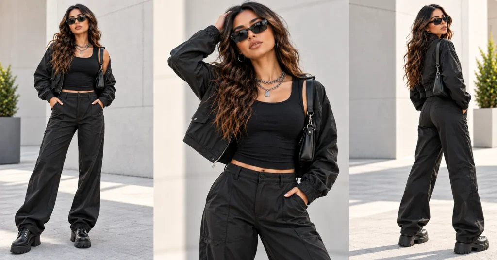 12 Best Don Toliver Concert Outfit Ideas for Women That Look Epic 9 Don Toliver Concert Outfit Ideas featuring an all-black ribbed top, relaxed trousers, platform boots, and silver chains.