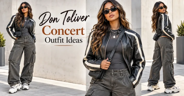 Don Toliver Concert Outfit Ideas featuring an adult woman in an edgy leather jacket, cargo pants, platform sneakers, and silver accessories.