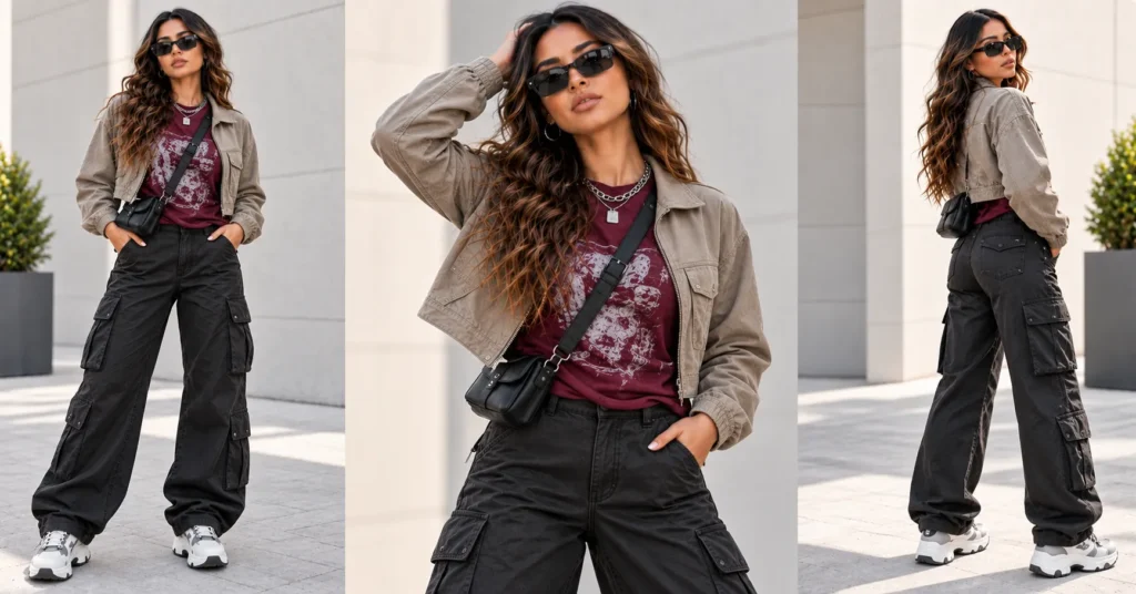 12 Best Don Toliver Concert Outfit Ideas for Women That Look Epic 10 Don Toliver Concert Outfit Ideas featuring a deep burgundy graphic tee, black cargo pants, sneakers, and silver accessories.