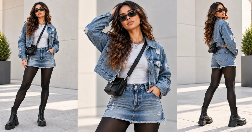 12 Best Don Toliver Concert Outfit Ideas for Women That Look Epic 11 Don Toliver Concert Outfit Ideas featuring a distressed denim jacket, denim skirt, opaque tights, chunky boots, and crossbody bag.