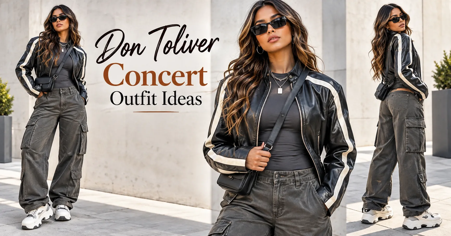 Don Toliver Concert Outfit Ideas featuring an adult woman in an edgy leather jacket, cargo pants, platform sneakers, and silver accessories.