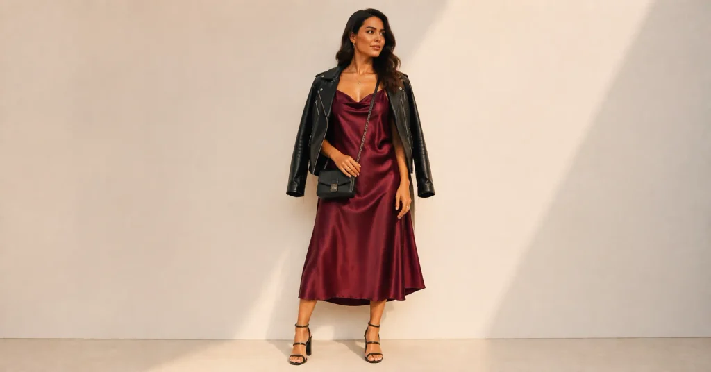 Elegant satin slip dress among stylish Romeo Santos Concert Outfit Ideas for a romantic bachata concert.