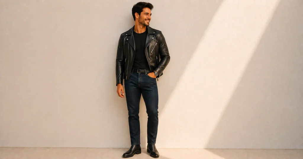 Elevated denim and leather Romeo Santos Concert Outfit Ideas for men with a fitted T-shirt and Chelsea boots.