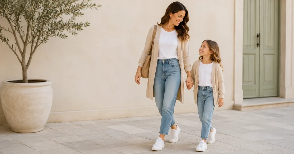 Mommy and Me Outfits: Brilliant Matching Ideas for Every Occasion 5 Everyday casual Mommy and Me Outfits with coordinated denim and comfortable family fashion.