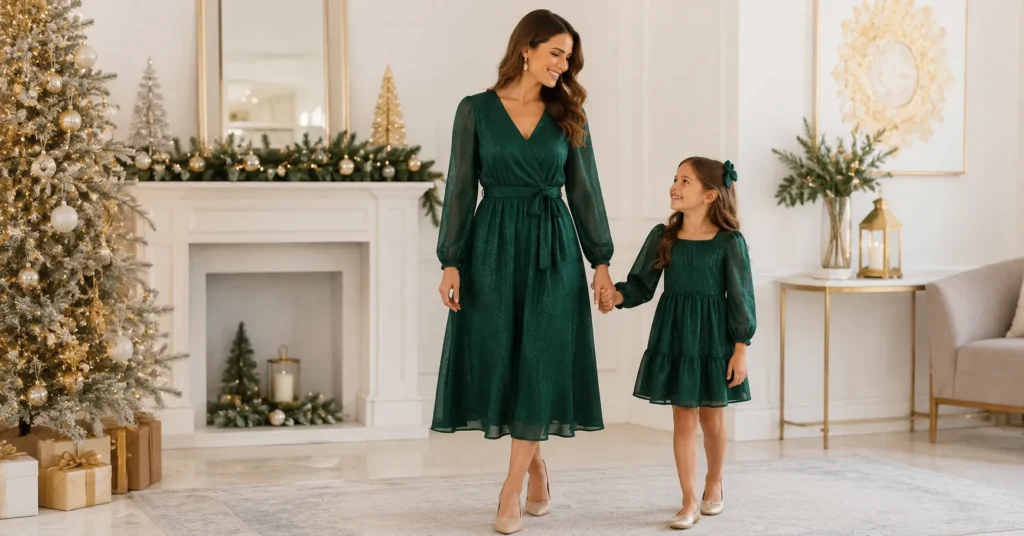 Mommy and Me Outfits: Brilliant Matching Ideas for Every Occasion 3 Holiday Mommy and Me Outfits with coordinated festive dresses for stylish family celebrations.