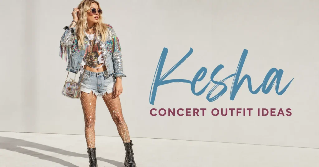 Kesha Concert Outfit Ideas featuring a sparkling edgy concert look with a customized denim jacket and combat boots