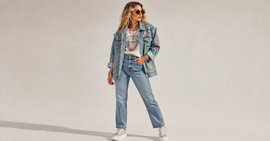 Kesha Concert Outfit Ideas featuring a colorful custom rhinestone and patch denim jacket