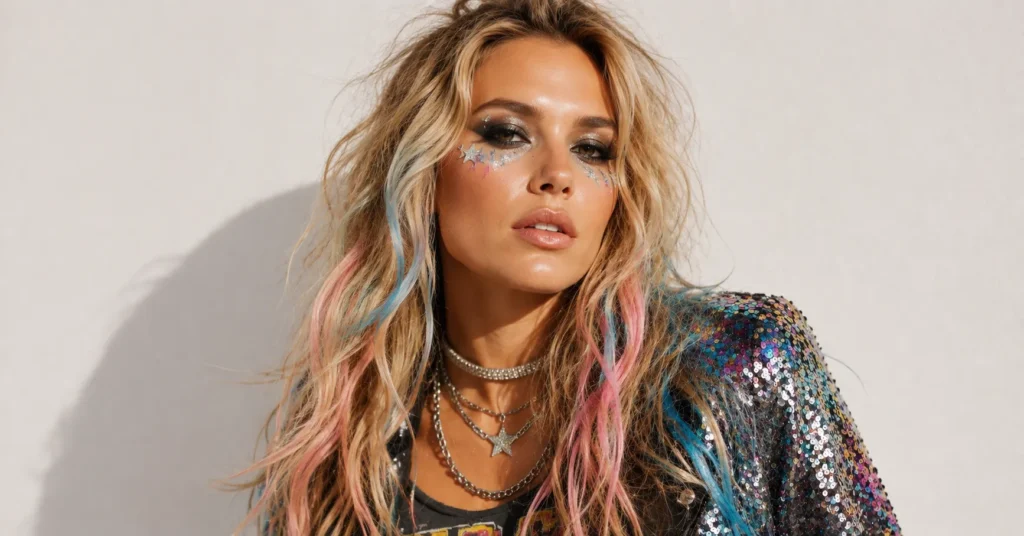 Kesha Concert Outfit Ideas featuring glitter makeup messy waves and bold concert beauty styling