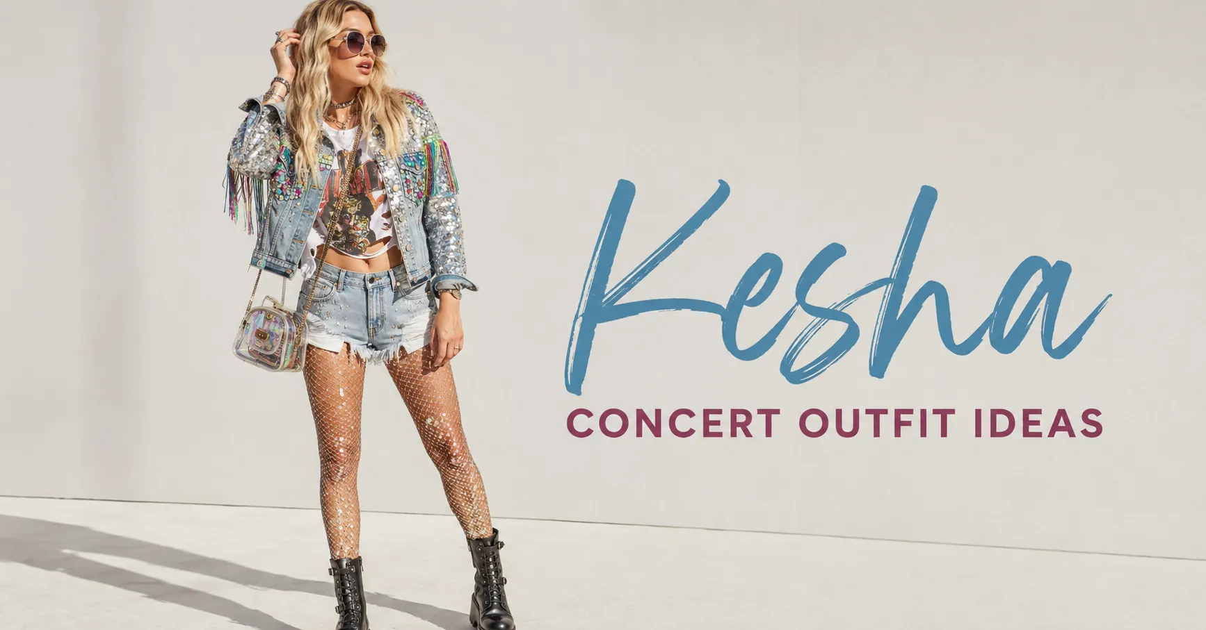 Kesha Concert Outfit Ideas featuring a sparkling edgy concert look with a customized denim jacket and combat boots