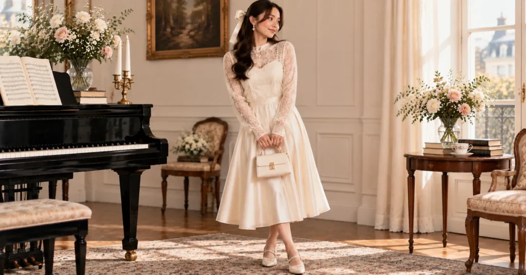 12 Laufey Concert Outfit Ideas for a Dreamy, Romantic Night 12 Laufey Concert Outfit Ideas featuring a lace-textured ivory top over an opaque camisole, satin midi skirt, Mary Janes, and pearls.