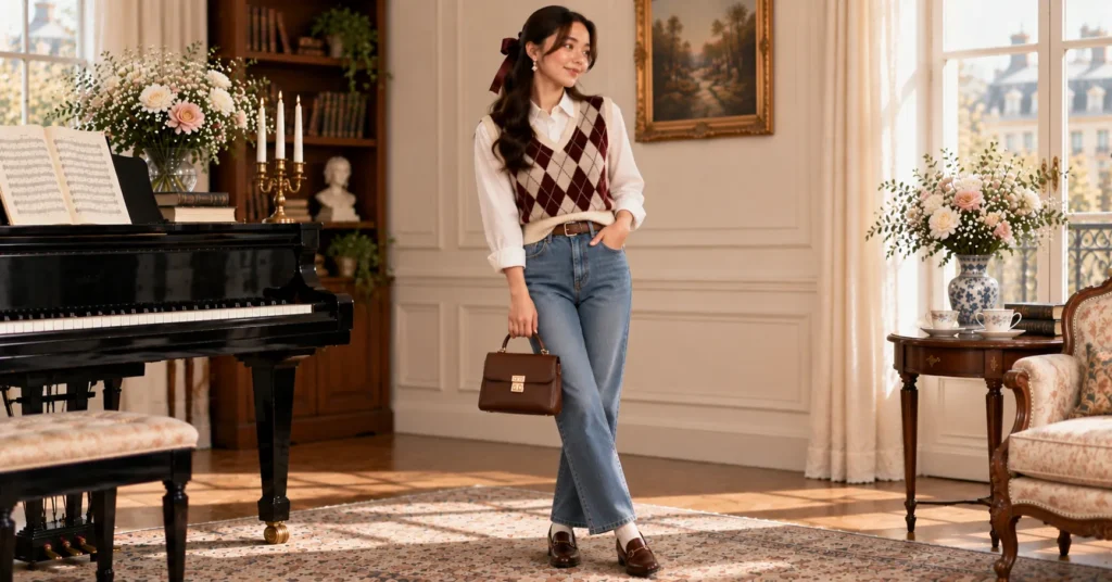 12 Laufey Concert Outfit Ideas for a Dreamy, Romantic Night 13 Laufey Concert Outfit Ideas featuring an argyle sweater vest, white shirt, straight-leg jeans, loafers, and vintage handbag.