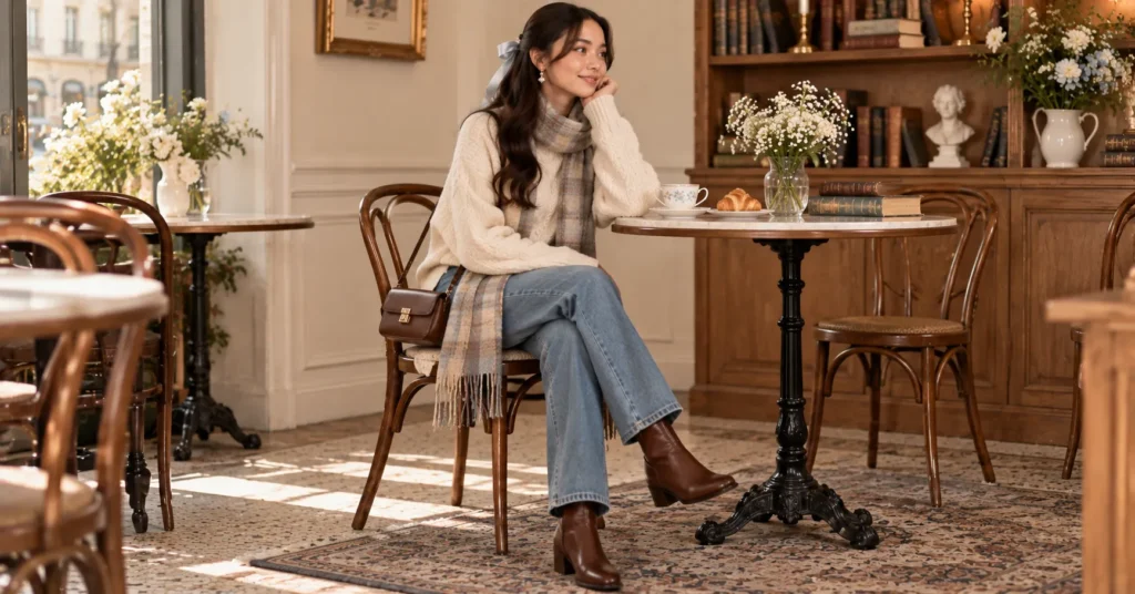12 Laufey Concert Outfit Ideas for a Dreamy, Romantic Night 6 Laufey Concert Outfit Ideas featuring a cream cable-knit sweater, straight-leg jeans, ankle boots, scarf, and vintage bag.