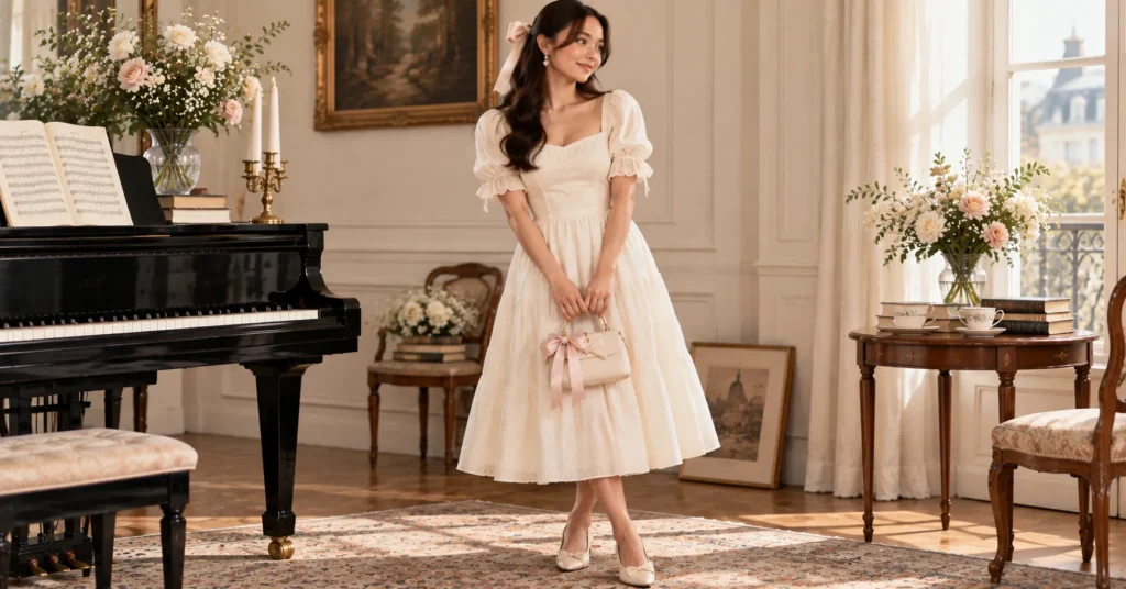 12 Laufey Concert Outfit Ideas for a Dreamy, Romantic Night 7 Laufey Concert Outfit Ideas featuring a cream puff-sleeve babydoll dress, ribbon bows, ballet flats, and pearls.