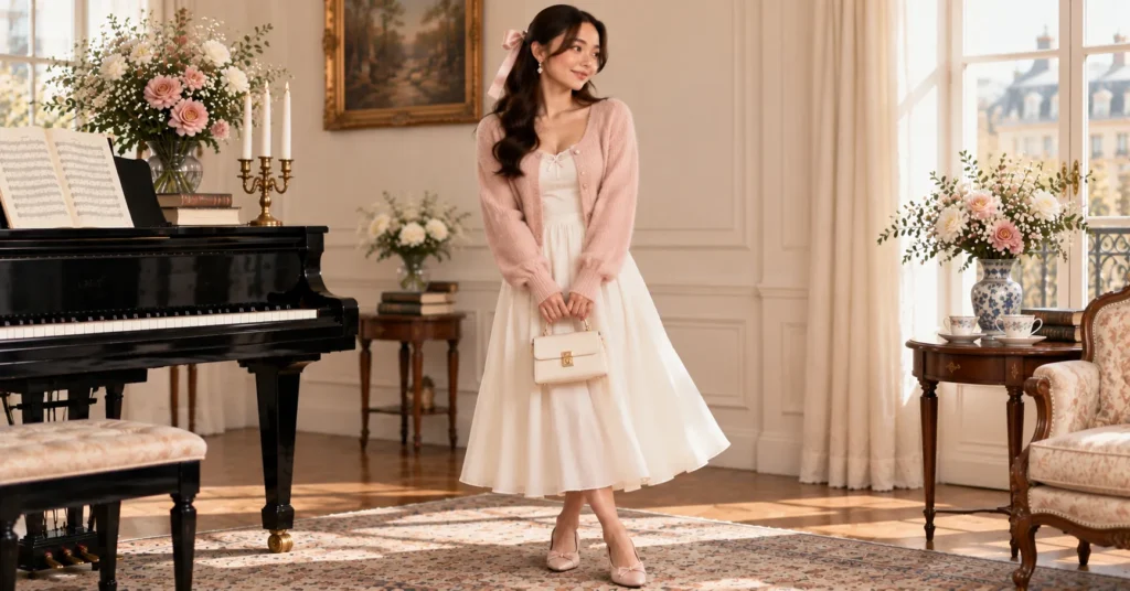 12 Laufey Concert Outfit Ideas for a Dreamy, Romantic Night 8 Laufey Concert Outfit Ideas featuring a pastel cardigan, lace-trim top, ivory A-line skirt, ballet flats, and pearls.