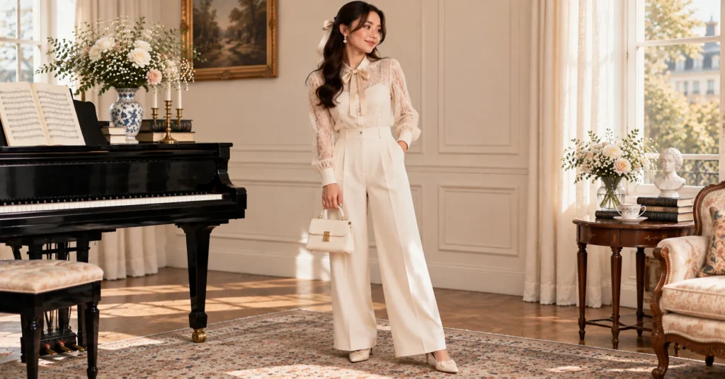 12 Laufey Concert Outfit Ideas for a Dreamy, Romantic Night 9 Laufey Concert Outfit Ideas featuring cream wide-leg trousers, an ivory lace blouse, ribbon detail, kitten heels, and pearls.