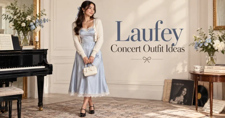 Laufey Concert Outfit Ideas featuring a romantic vintage-inspired satin dress, cardigan, Mary Jane shoes, pearls, and hair ribbon.