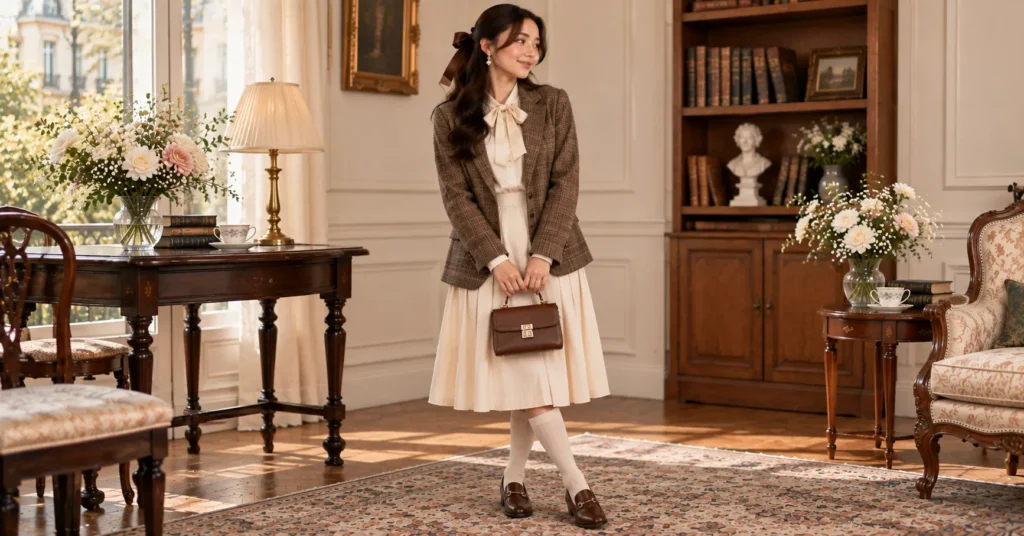 12 Laufey Concert Outfit Ideas for a Dreamy, Romantic Night 10 Laufey Concert Outfit Ideas featuring a plaid blazer, bow-neck blouse, pleated midi skirt, knee-high socks, and loafers.