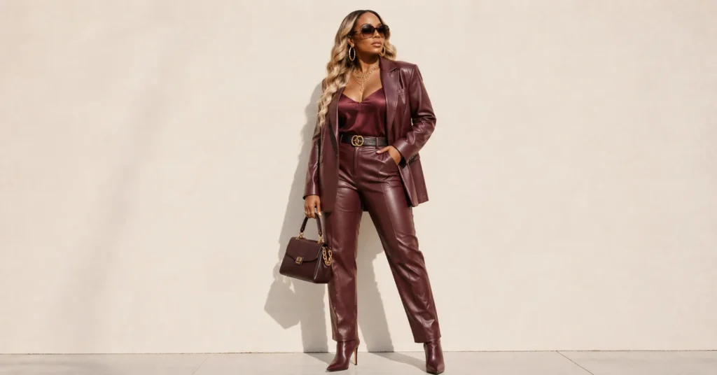 Mary J Blige Concert Outfit Ideas featuring monochromatic burgundy leather glamour and statement boots