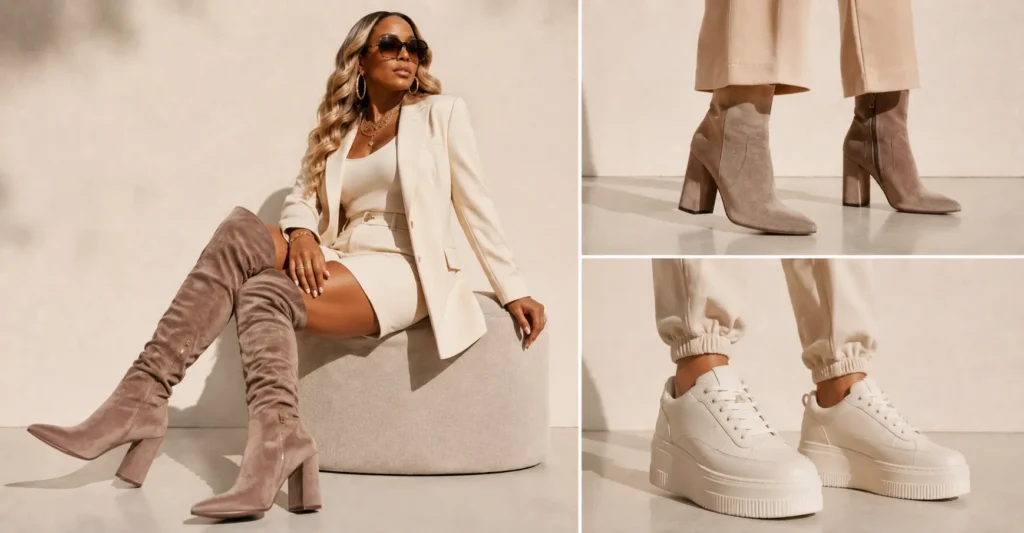 Mary J Blige Concert Outfit Ideas featuring stylish thigh-high boots platform sneakers and comfortable concert footwear