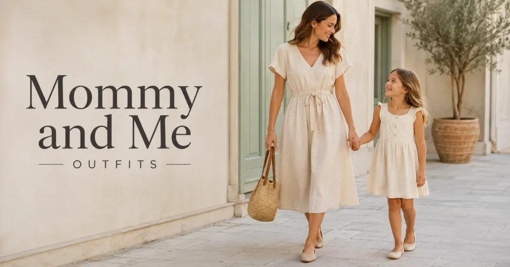 Mommy and Me Outfits: Brilliant Matching Ideas for Every Occasion 2 Mommy and Me Outfits featuring a stylish mother and daughter wearing coordinated neutral fashion in an elegant editorial style.