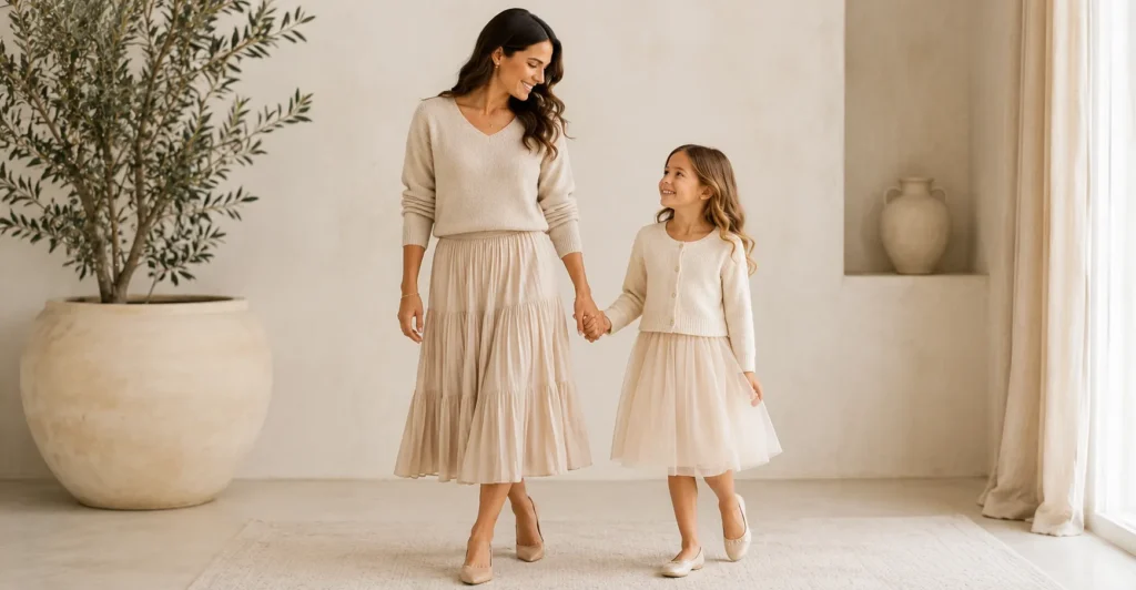 Mommy and Me Outfits: Brilliant Matching Ideas for Every Occasion 4 Neutral Mommy and Me Outfits perfect for elegant family photoshoots and timeless portraits.