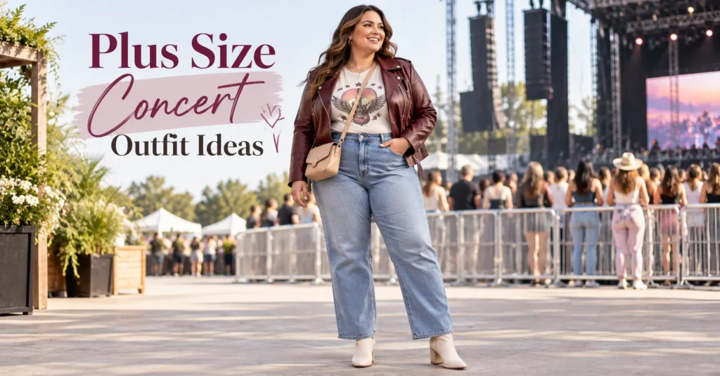 Plus Size Concert Outfit Ideas with a faux leather jacket, graphic tee, straight-leg jeans, and ankle boots