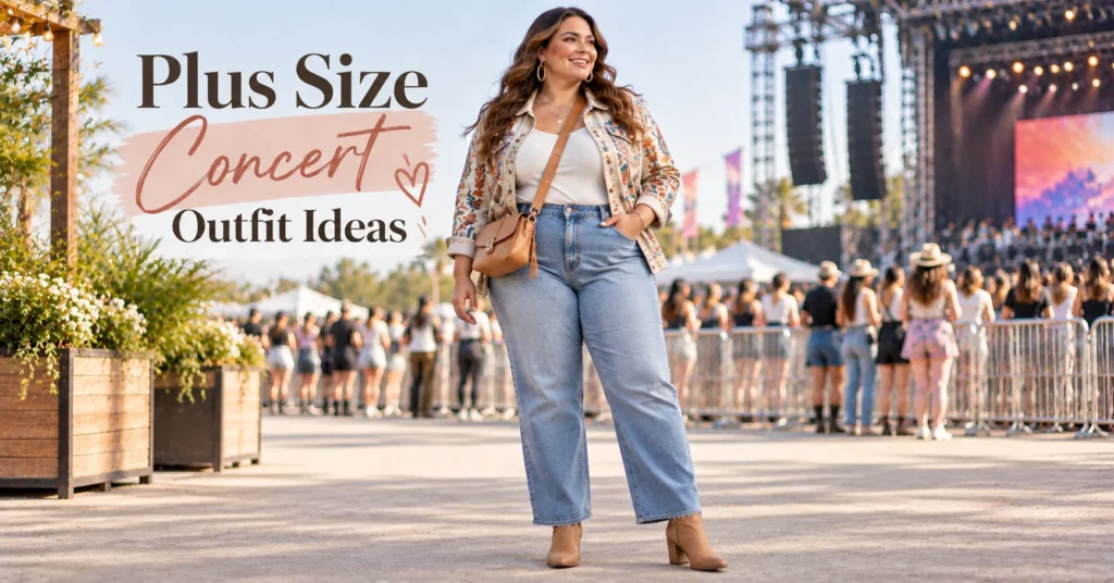 Plus Size Concert Outfit Ideas featuring a stylish curvy concert-ready outfit with jeans, jacket, and ankle boots
