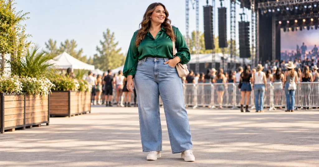 Plus Size Concert Outfit Ideas featuring an emerald statement blouse, wide-leg jeans, and platform sneakers