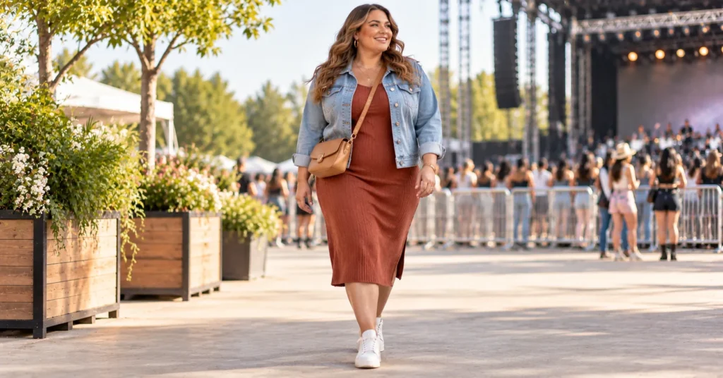 Plus Size Concert Outfit Ideas with a ribbed midi dress, denim jacket, sneakers, and crossbody bag