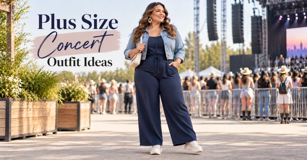 Plus Size Concert Outfit Ideas with a navy wide-leg jumpsuit, cropped denim jacket, and platform sneakers