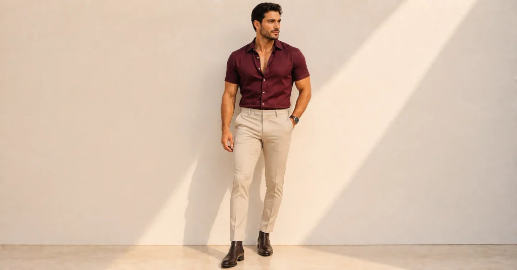 Polished men’s Romeo Santos Concert Outfit Ideas featuring a crisp button-down shirt, tailored trousers and Chelsea boots.