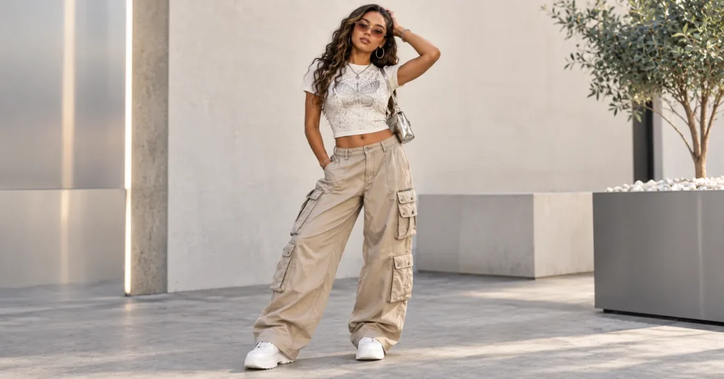 R&B Concert Outfit Ideas: 10 Stunning Looks for Women 3 R&B Concert Outfit Ideas featuring a stylish Y2K-inspired cargo pants look with platform sneakers and statement accessories.
