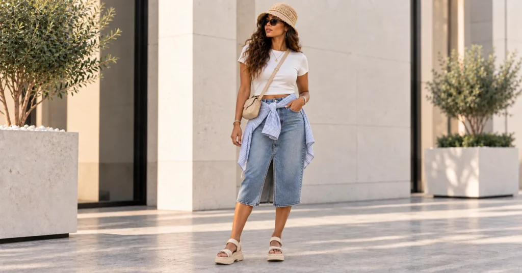 R&B Concert Outfit Ideas: 10 Stunning Looks for Women 12 R&B Concert Outfit Ideas featuring a cotton tee, casual bottoms, platform sandals, bucket hat, and lightweight overshirt.