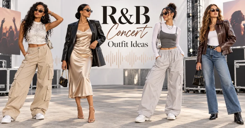 R&B Concert Outfit Ideas: 10 Stunning Looks for Women 5 R&B Concert Outfit Ideas featuring four stylish women in Y2K, satin, streetwear, and denim-inspired concert looks.