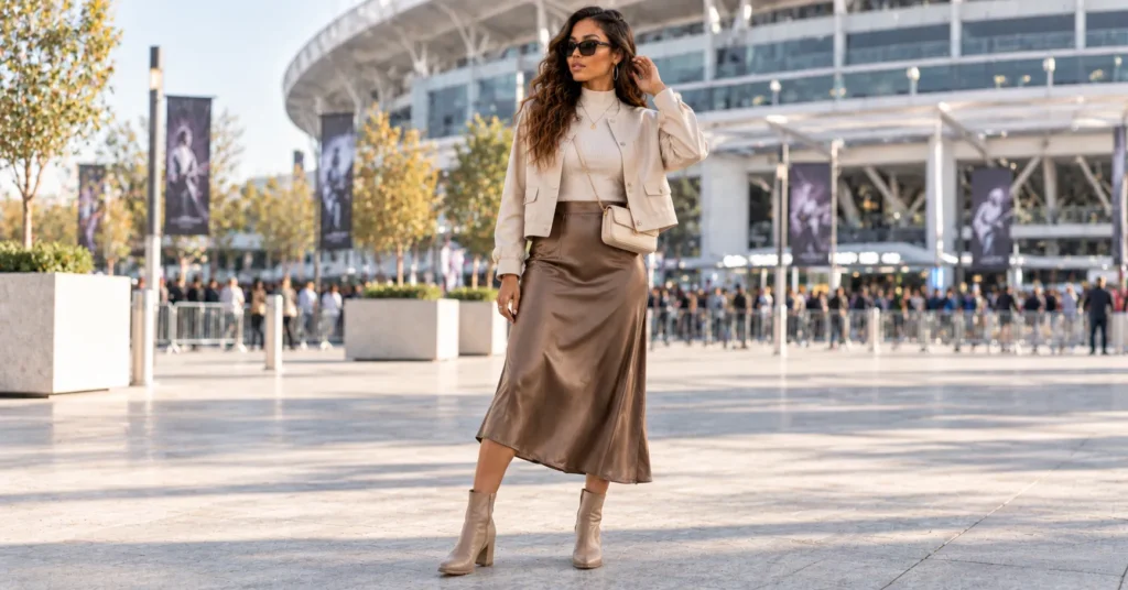 R&B Concert Outfit Ideas: 10 Stunning Looks for Women 13 R&B Concert Outfit Ideas for arenas and stadiums featuring a satin midi skirt, fitted knit top, jacket, and ankle boots.