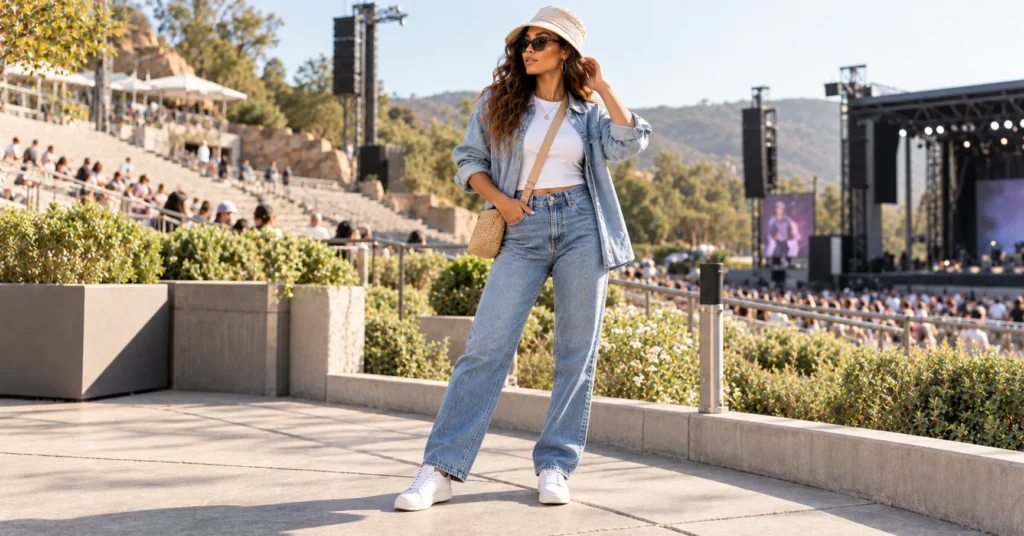 R&B Concert Outfit Ideas: 10 Stunning Looks for Women 15 R&B Concert Outfit Ideas for outdoor shows featuring jeans, a lightweight layer, sneakers, sunglasses, and a bucket hat.