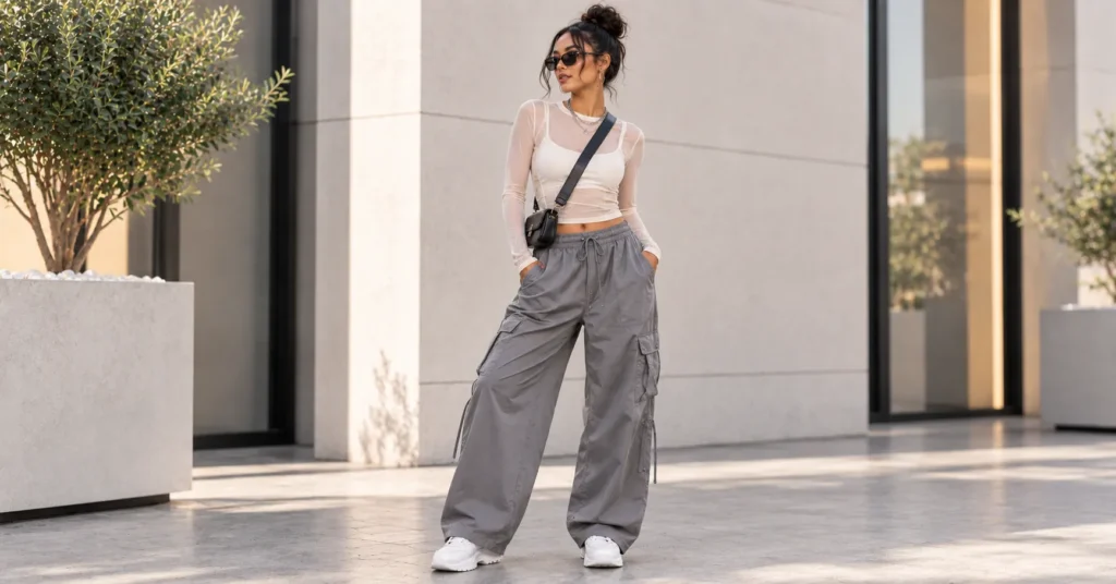 R&B Concert Outfit Ideas: 10 Stunning Looks for Women 5 R&B Concert Outfit Ideas featuring wide-leg parachute pants, a layered long-sleeve top, sneakers, and a crossbody bag.