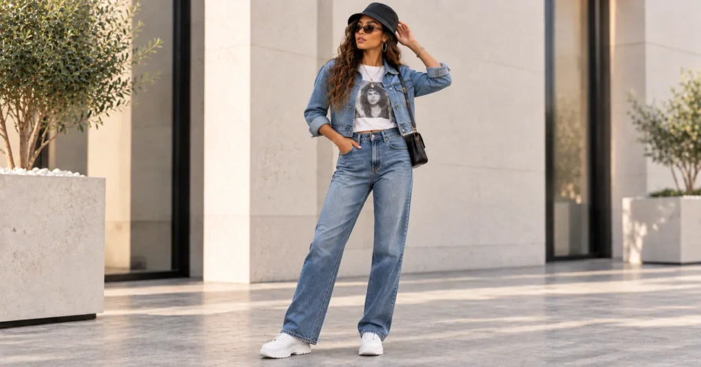 R&B Concert Outfit Ideas: 10 Stunning Looks for Women 7 R&B Concert Outfit Ideas featuring a denim-on-denim look with straight-leg jeans, denim jacket, graphic tee, and sneakers.