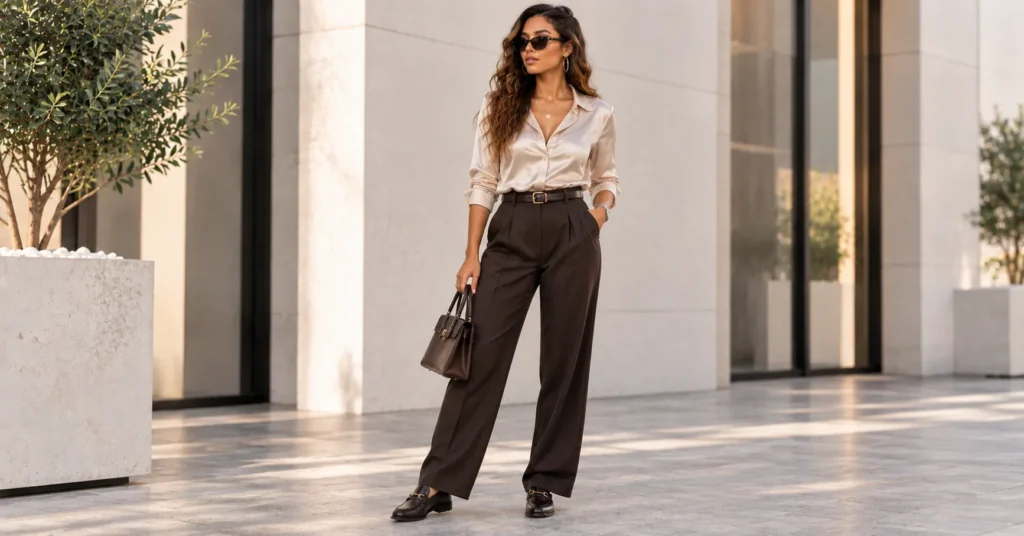 R&B Concert Outfit Ideas: 10 Stunning Looks for Women 9 R&B Concert Outfit Ideas featuring tailored trousers, a silk button-down shirt, loafers, and refined silver accessories.